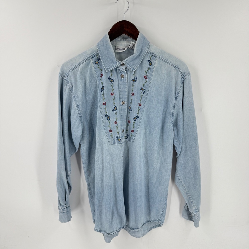 Vintage Capacity Embroidered Denim Shirt Light Wash Small Western Floral Country
